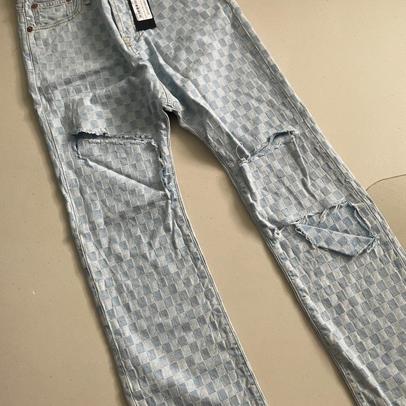 R 13 Denim High Waisted Straight Leg Distressed Jeans Light Blue 24 - Picture 6 of 9